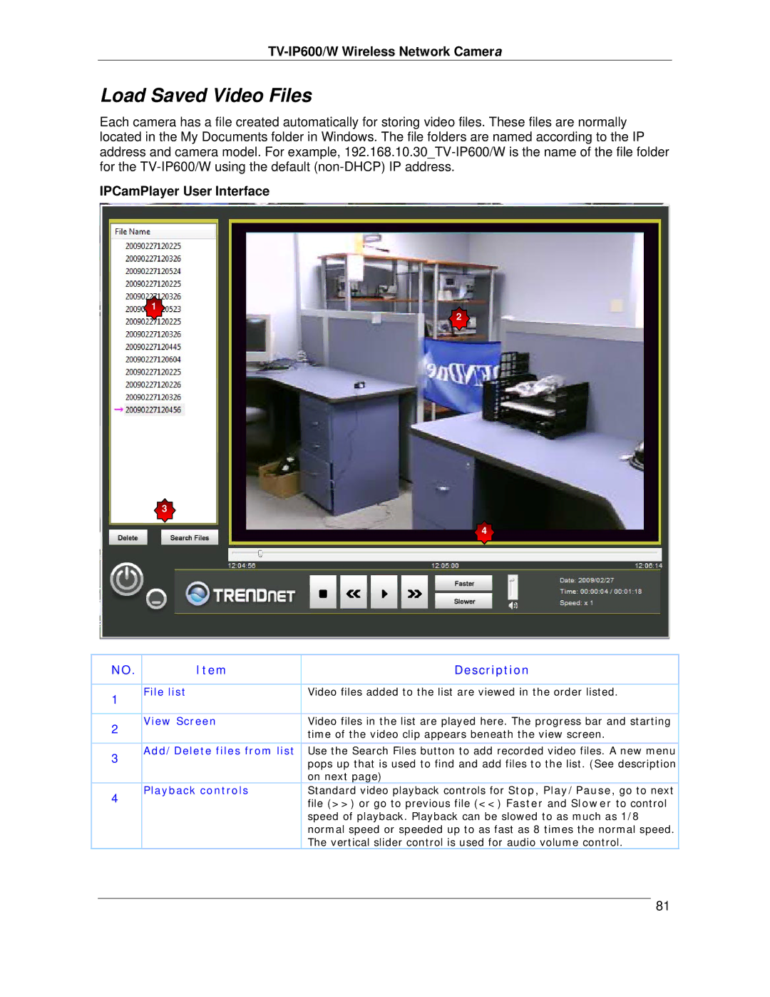 TRENDnet TVIP600 manual Load Saved Video Files, IPCamPlayer User Interface 