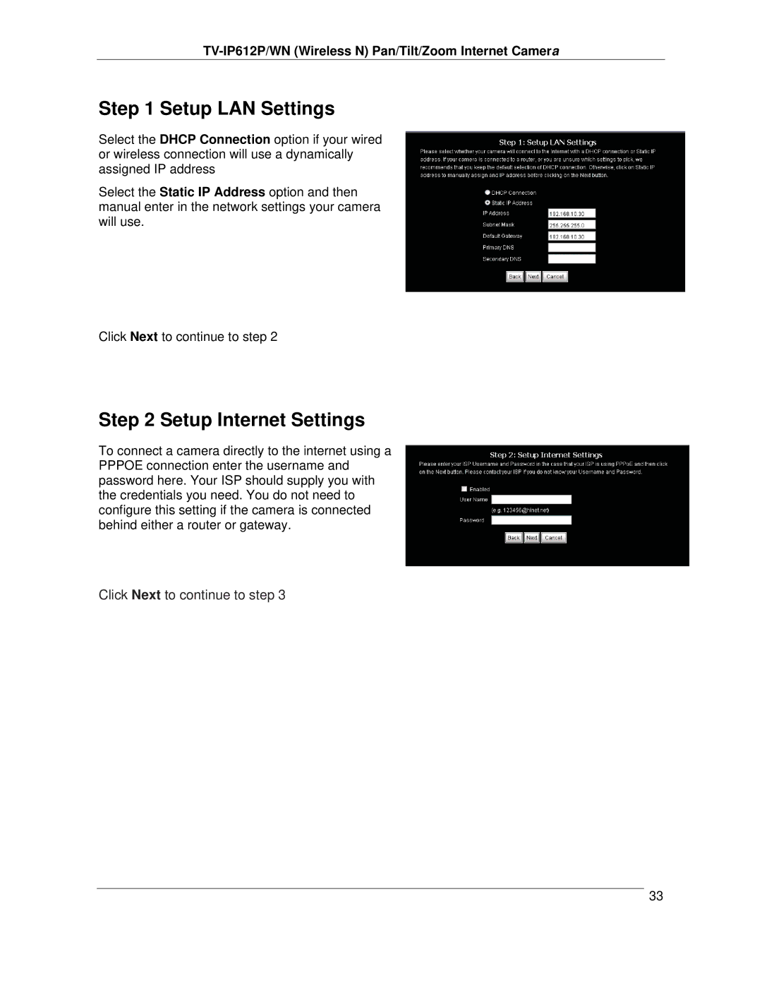 TRENDnet TVIP612P manual Setup LAN Settings, Setup Internet Settings 