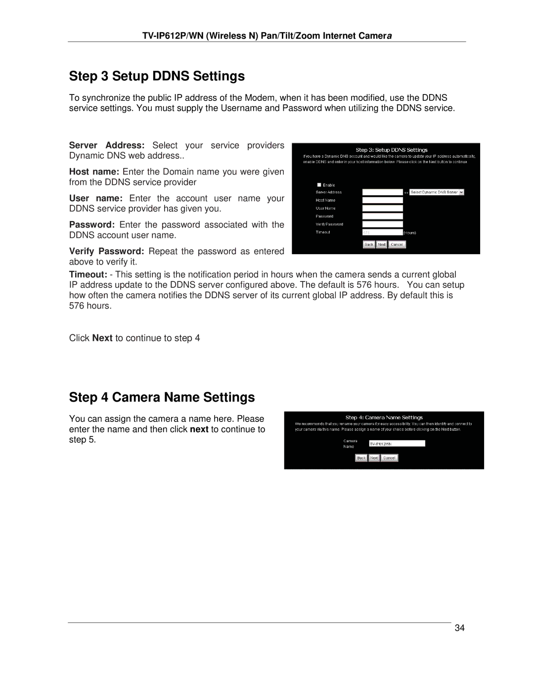 TRENDnet TVIP612P manual Setup Ddns Settings, Camera Name Settings 