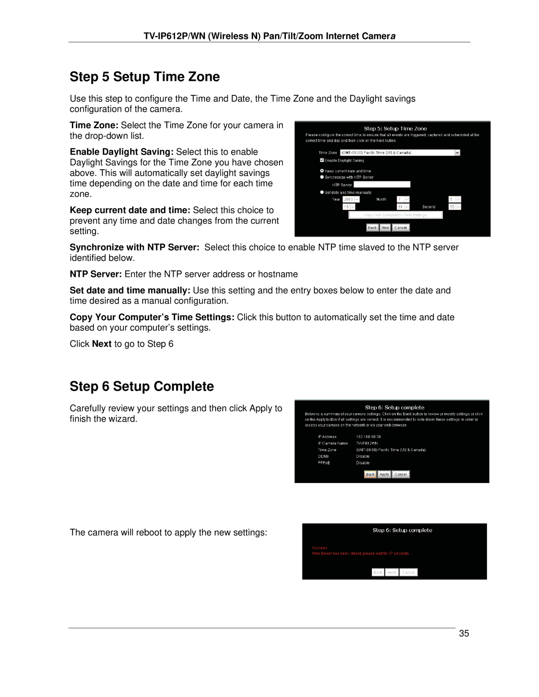 TRENDnet TVIP612P manual Setup Time Zone, Setup Complete 