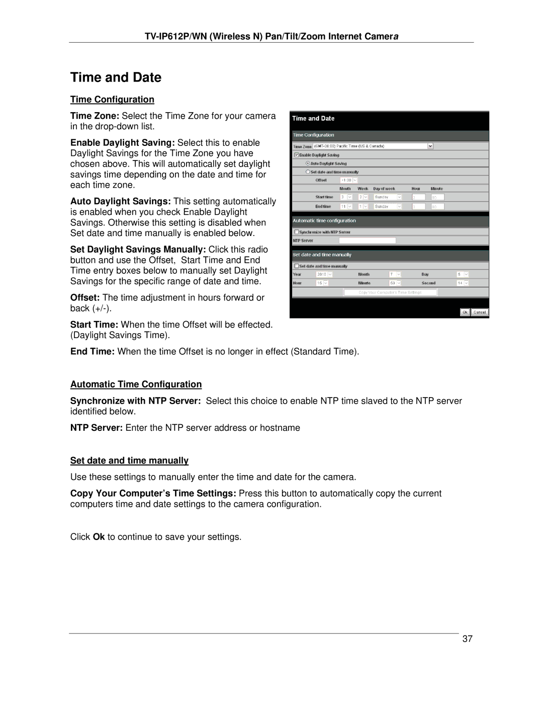 TRENDnet TVIP612P Time and Date, Automatic Time Configuration, Set date and time manually 