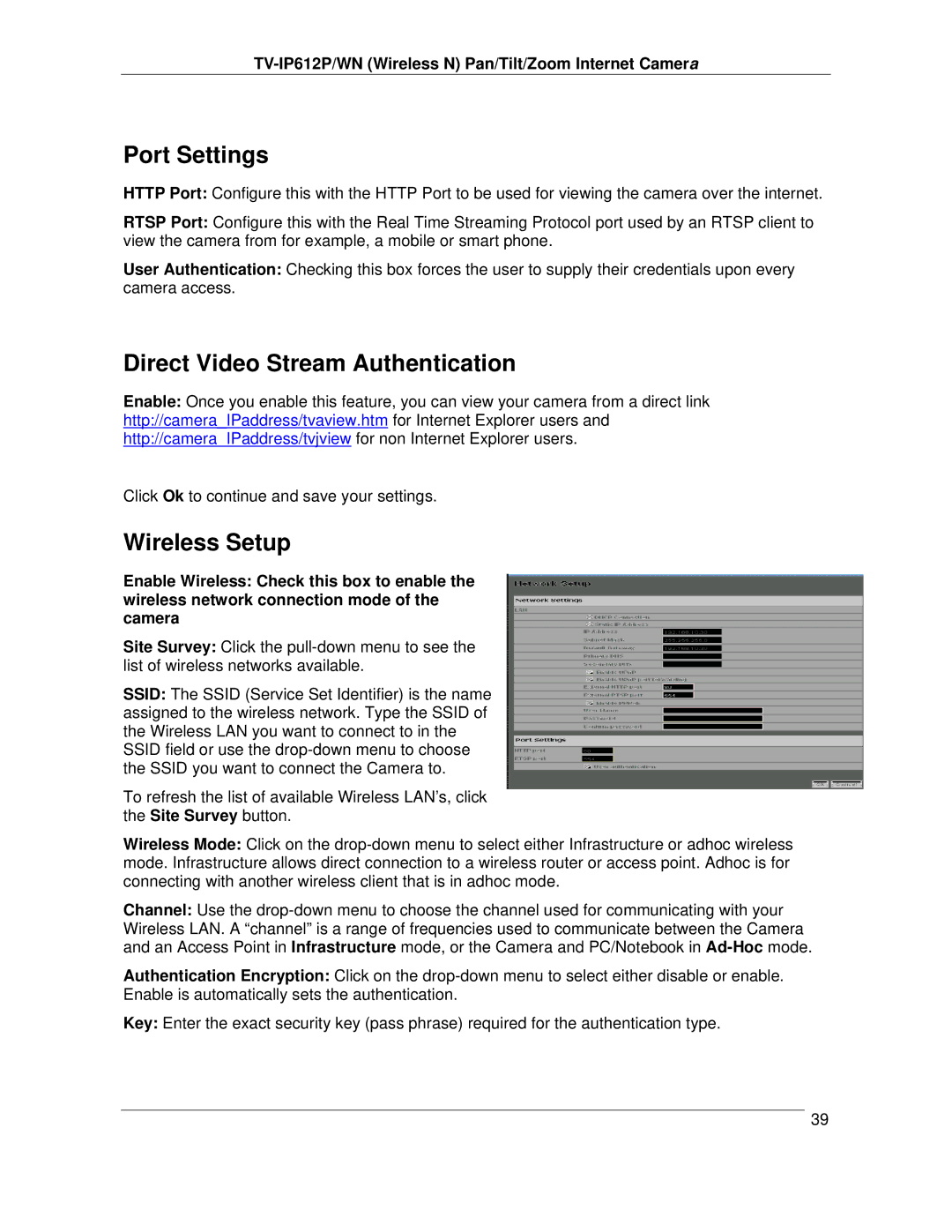 TRENDnet TVIP612P manual Port Settings, Direct Video Stream Authentication, Wireless Setup 