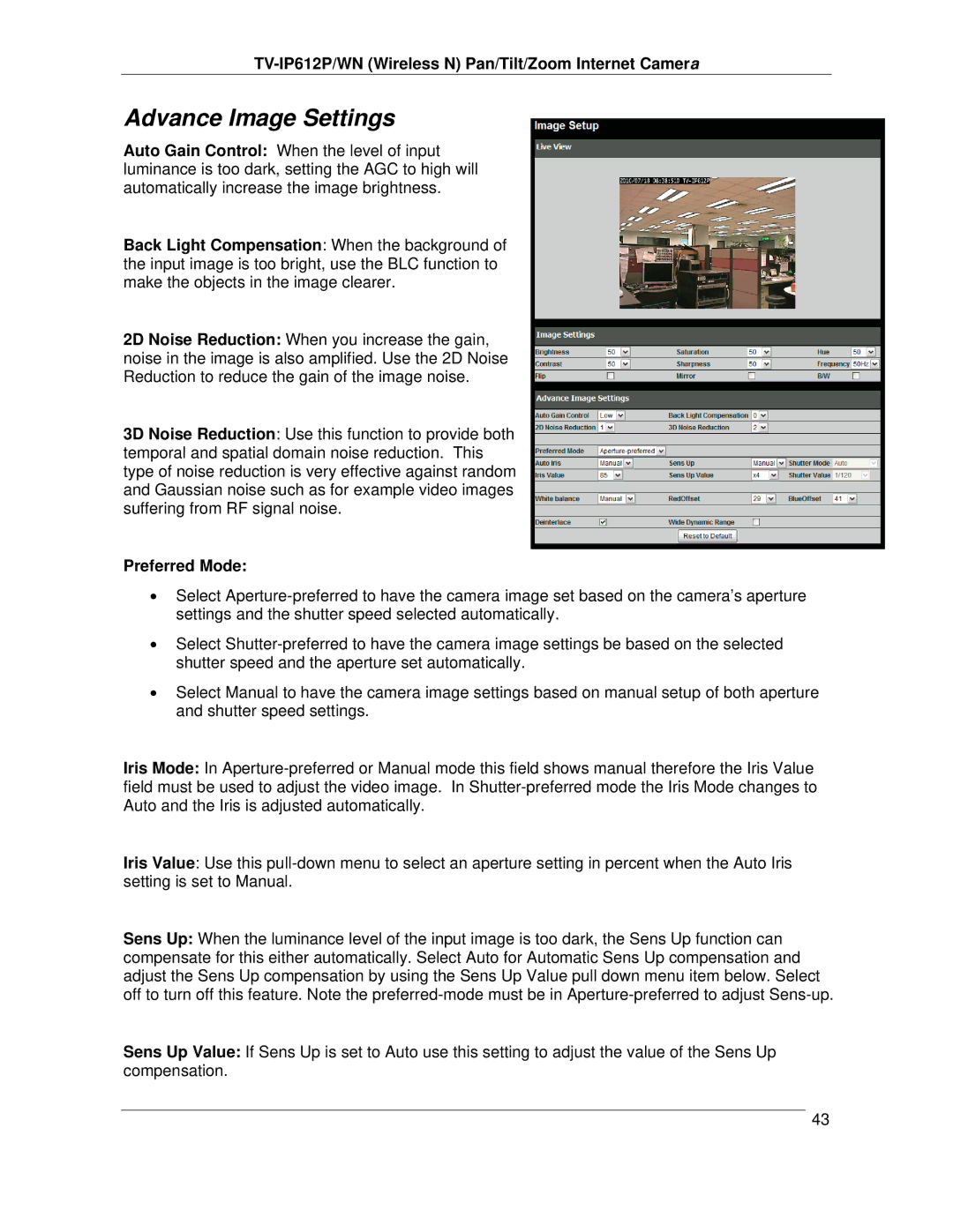 TRENDnet TVIP612P manual Advance Image Settings, Preferred Mode 