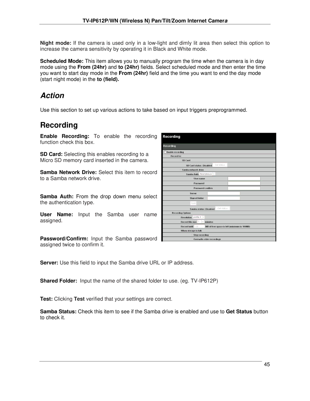 TRENDnet TVIP612P manual Action, Recording 