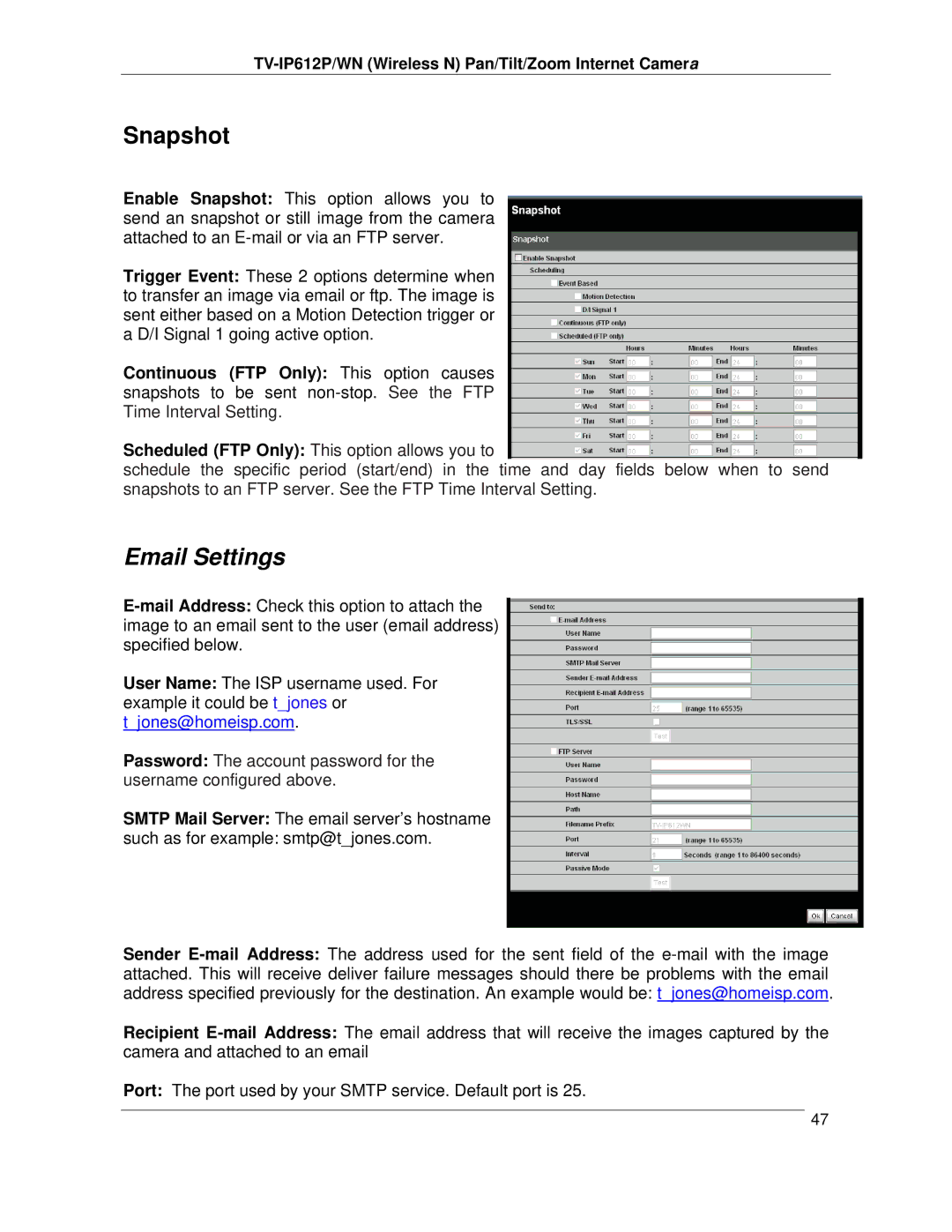 TRENDnet TVIP612P manual Snapshot, Email Settings 