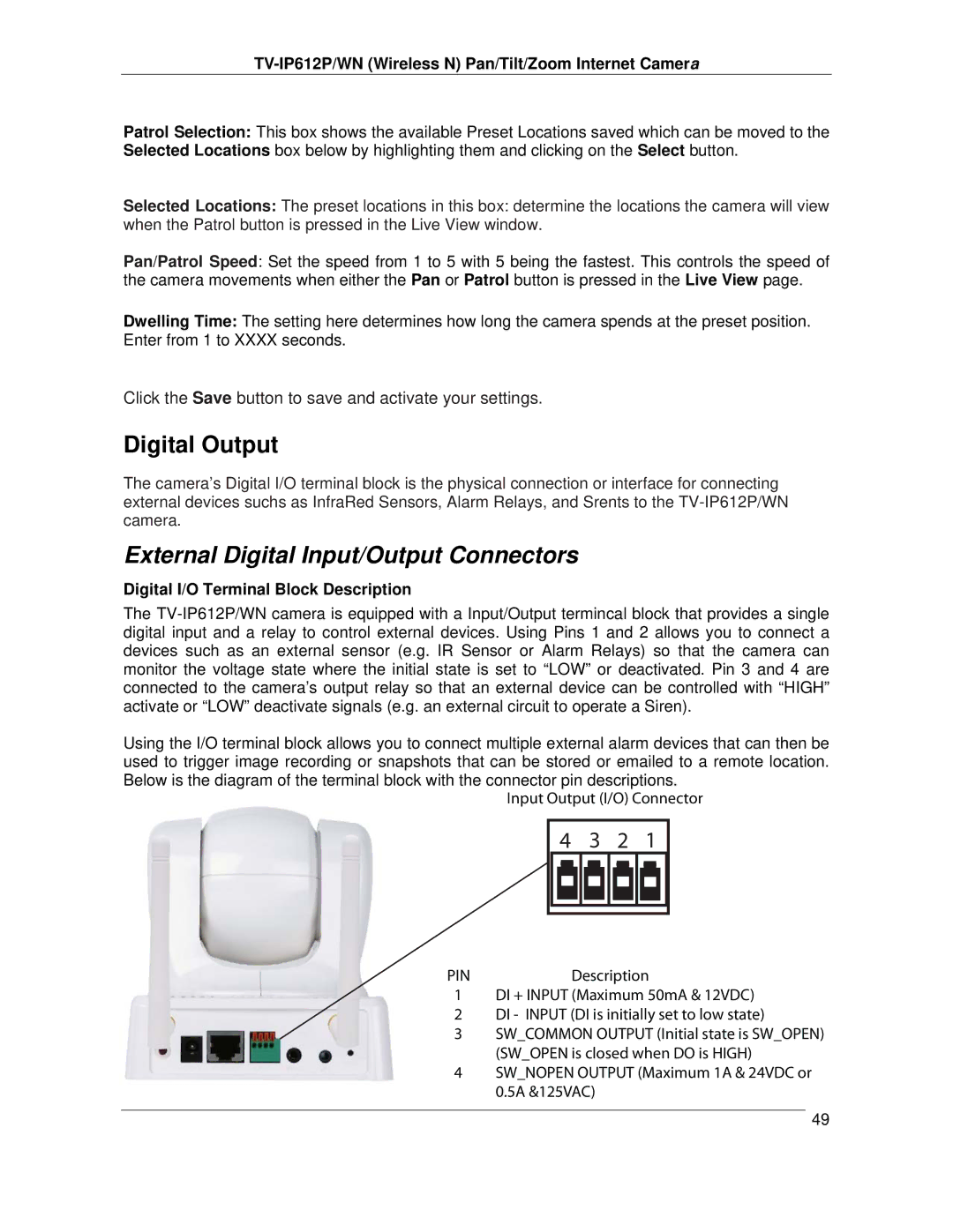 TRENDnet TVIP612P manual Digital Output, External Digital Input/Output Connectors, Digital I/O Terminal Block Description 