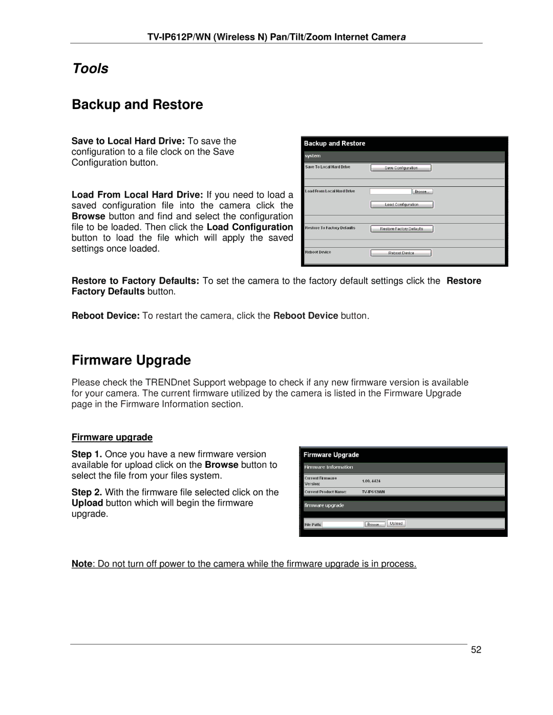 TRENDnet TVIP612P manual Tools, Backup and Restore, Firmware Upgrade, Firmware upgrade 