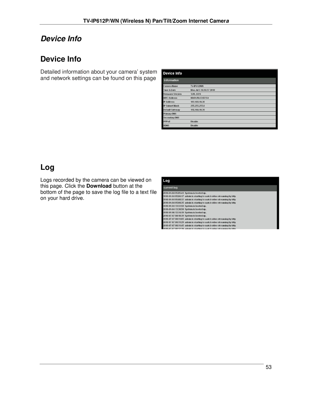 TRENDnet TVIP612P manual Device Info, Log 