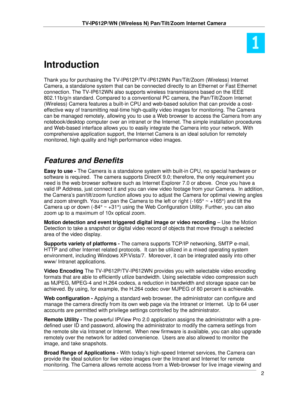 TRENDnet TVIP612P manual Introduction, Features and Benefits 