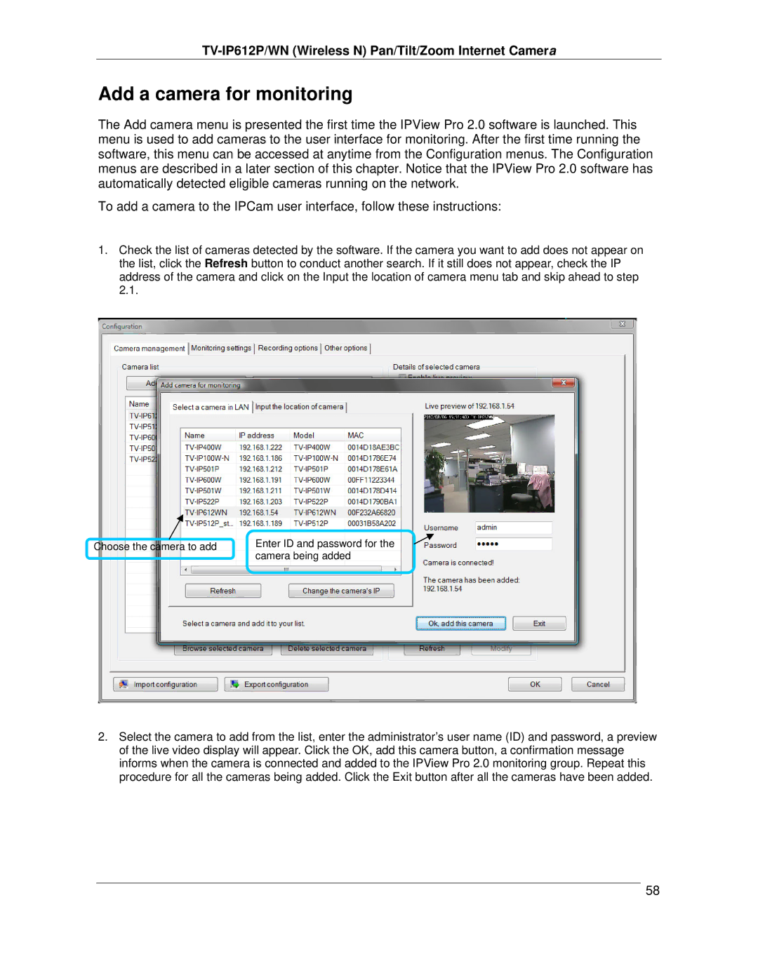 TRENDnet TVIP612P manual Add a camera for monitoring 