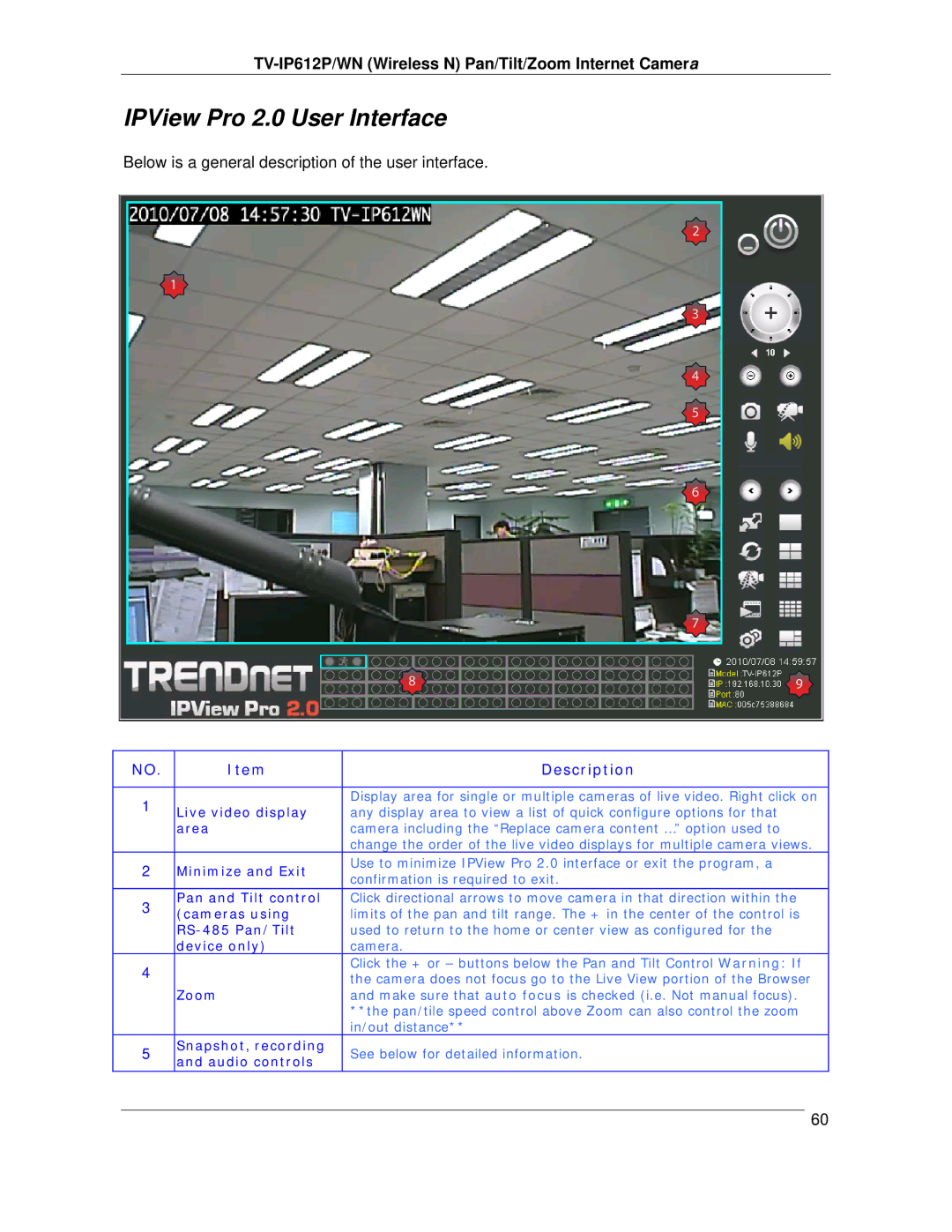 TRENDnet TVIP612P manual IPView Pro 2.0 User Interface, Below is a general description of the user interface 