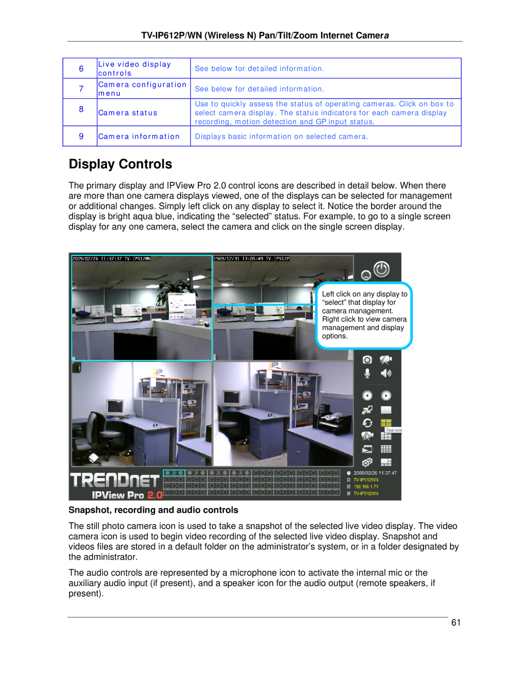 TRENDnet TVIP612P manual Display Controls, Snapshot, recording and audio controls 