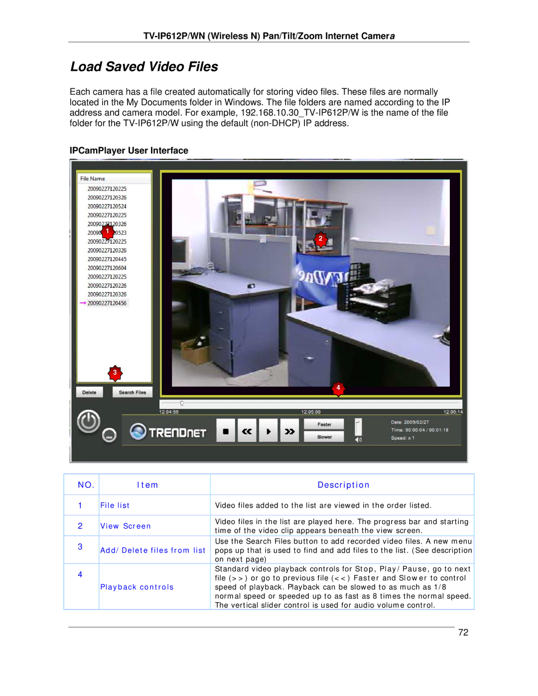 TRENDnet TVIP612P manual Load Saved Video Files, IPCamPlayer User Interface 