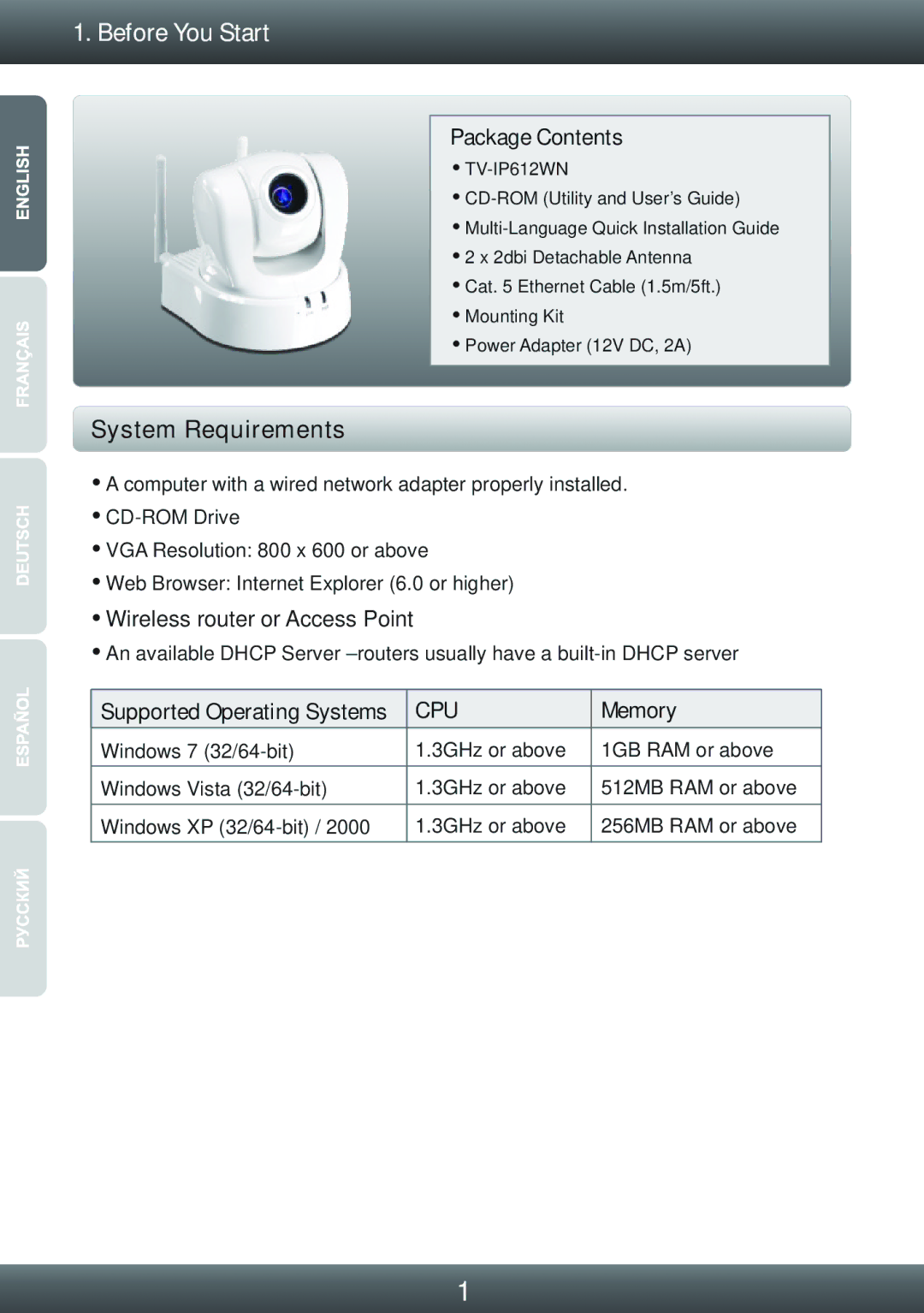 TRENDnet TVIP612WN manual Before You Start, Package Contents 