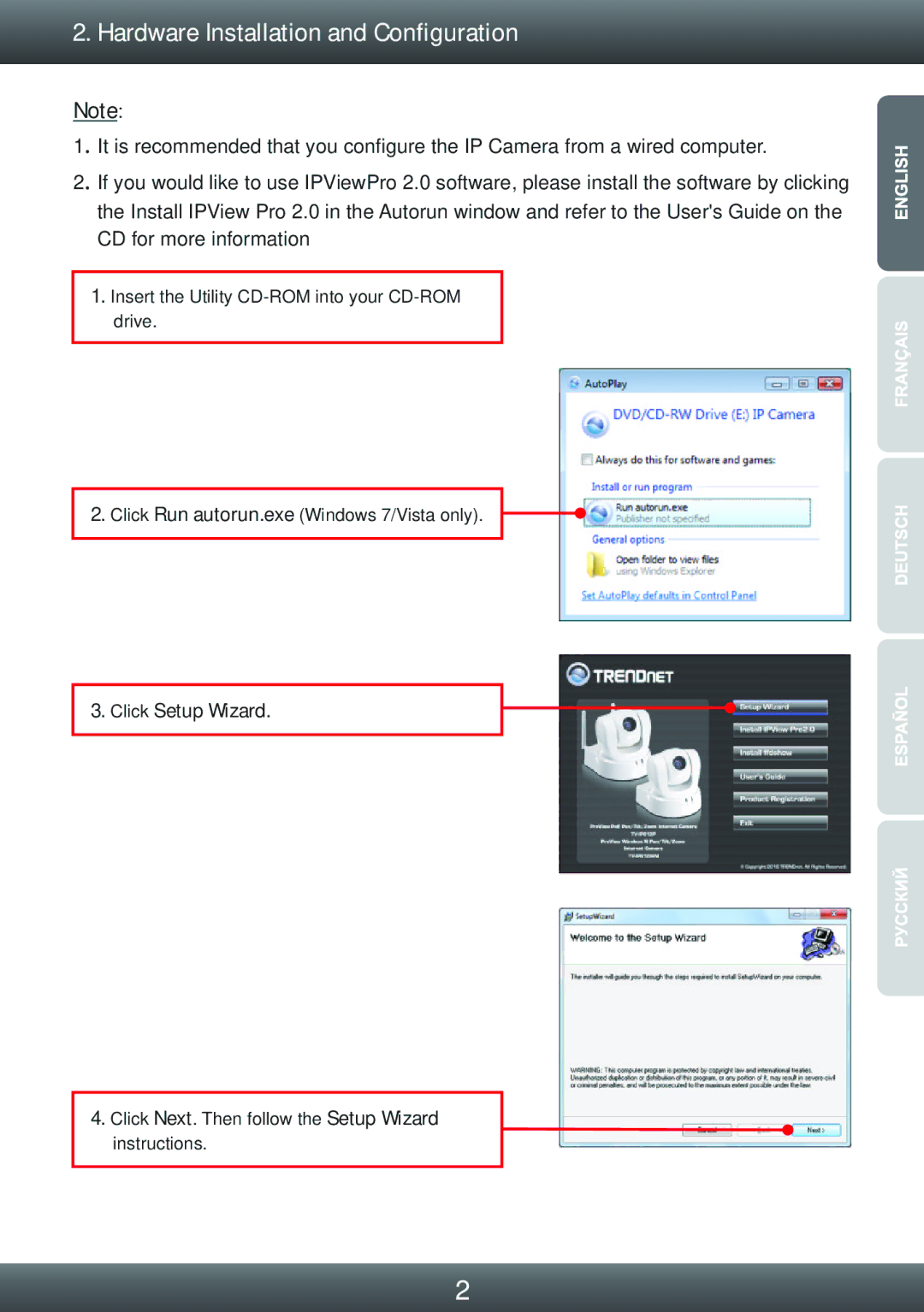 TRENDnet TVIP612WN manual Hardware Installation and Configuration, Click Setup Wizard 
