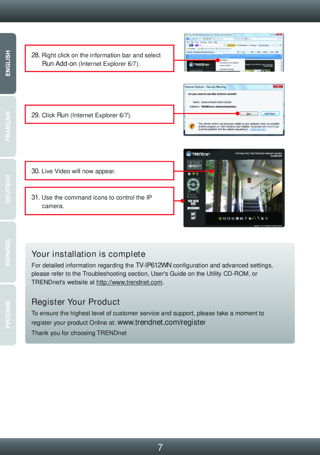 TRENDnet TVIP612WN manual Your installation is complete Register Your Product 