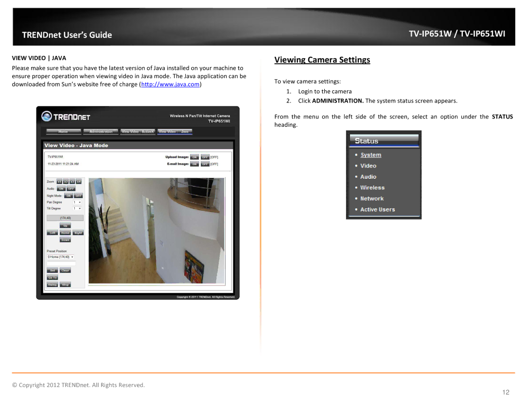 TRENDnet TVIP651W manual Viewing Camera Settings 