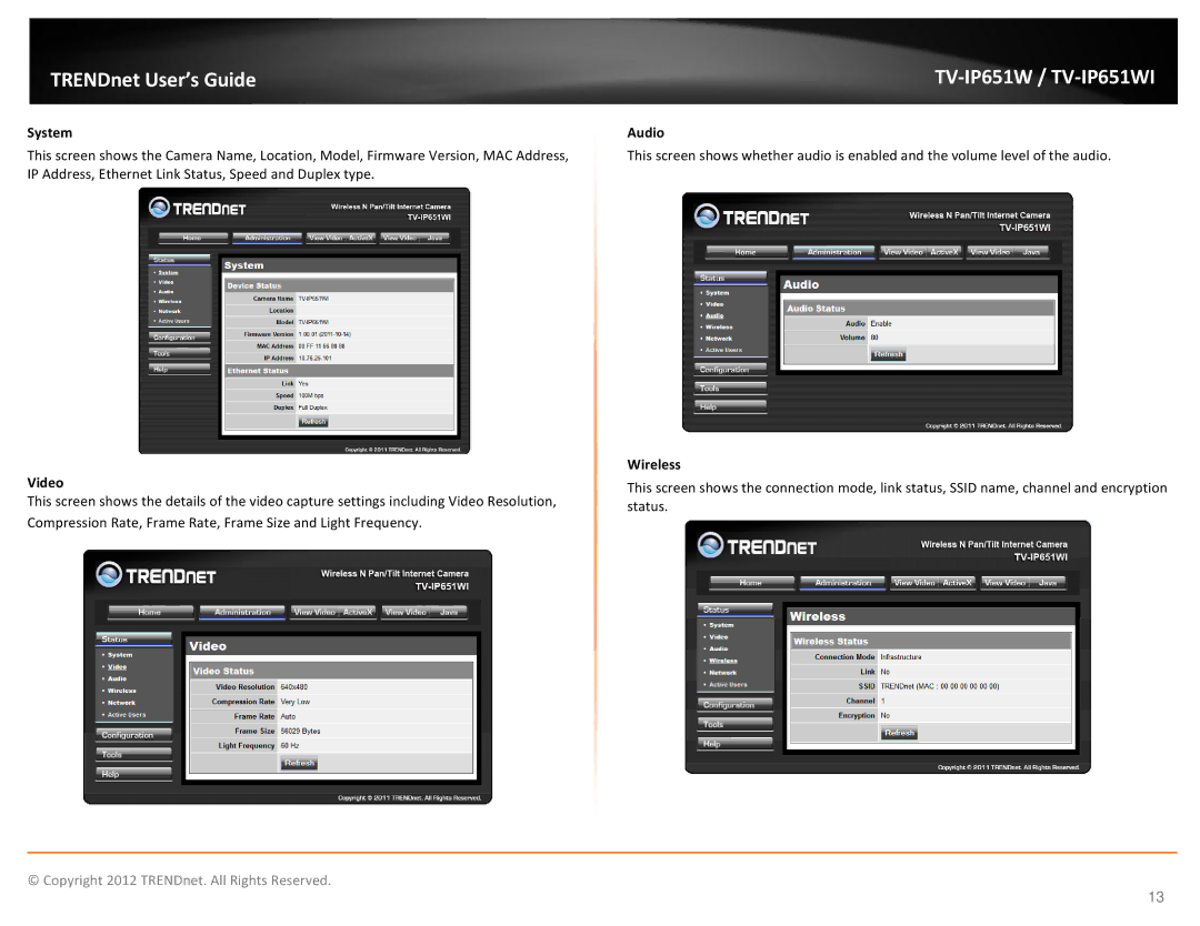 TRENDnet TVIP651W manual System, Video, Audio, Wireless 