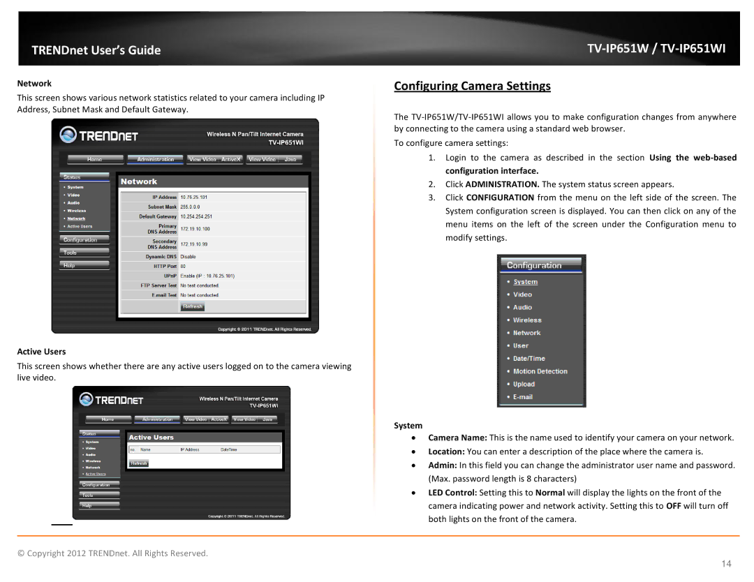 TRENDnet TVIP651W manual Configuring Camera Settings, Network, Active Users 