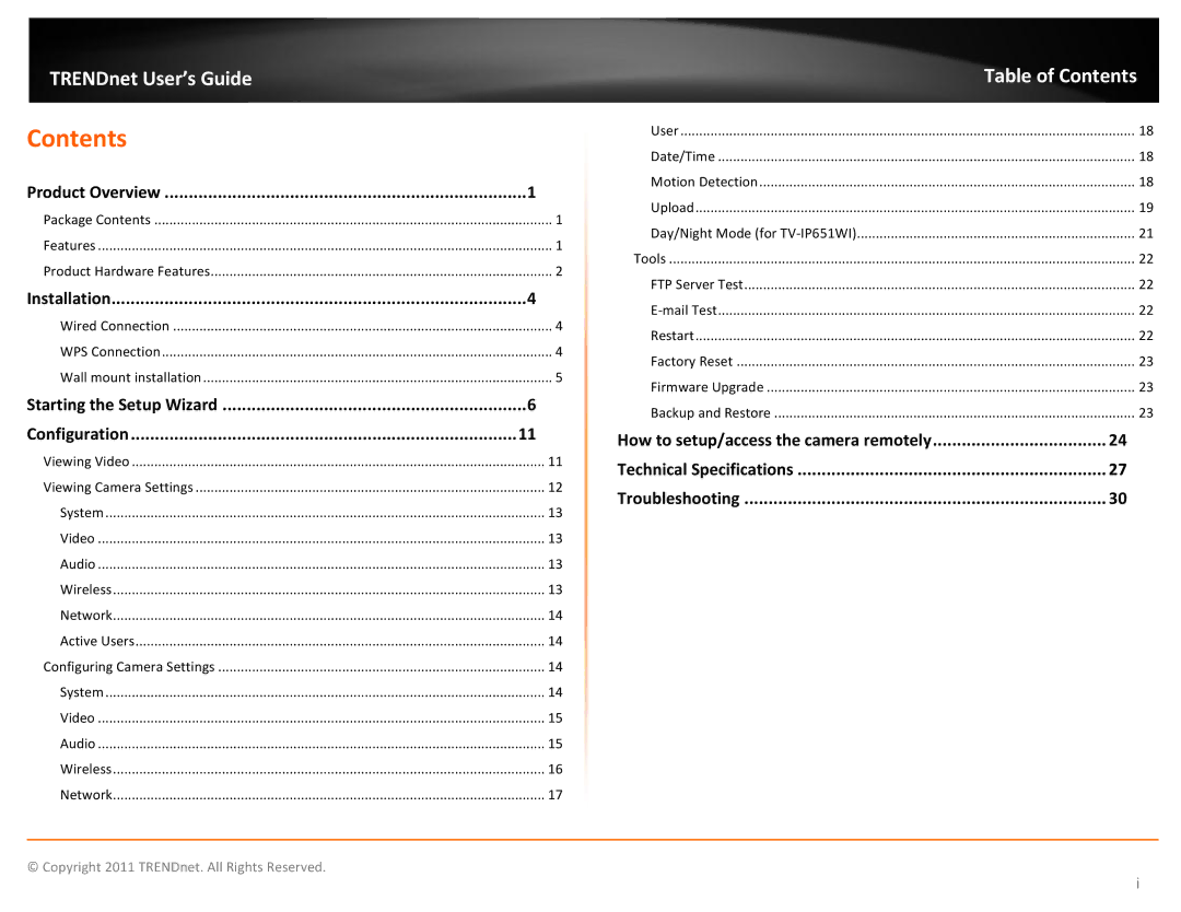 TRENDnet TVIP651W manual Contents 