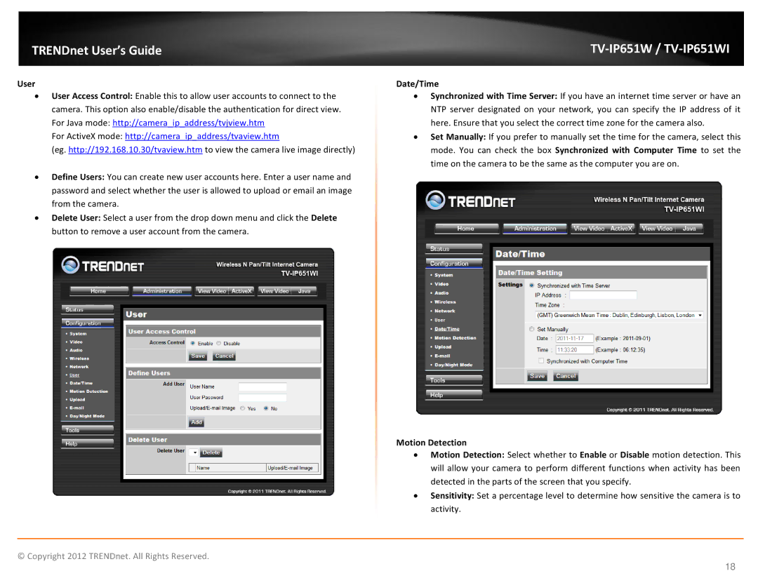 TRENDnet TVIP651W manual User, Date/Time, Motion Detection 