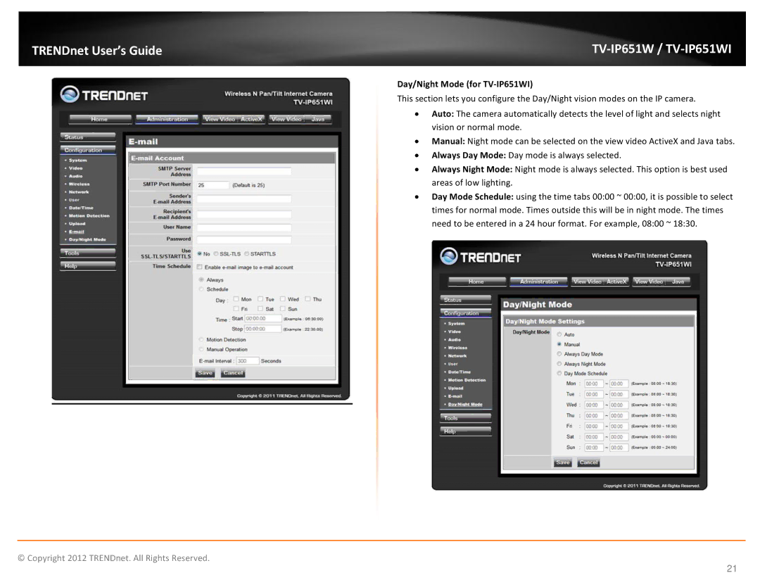 TRENDnet TVIP651W manual Day/Night Mode for TV-IP651WI 