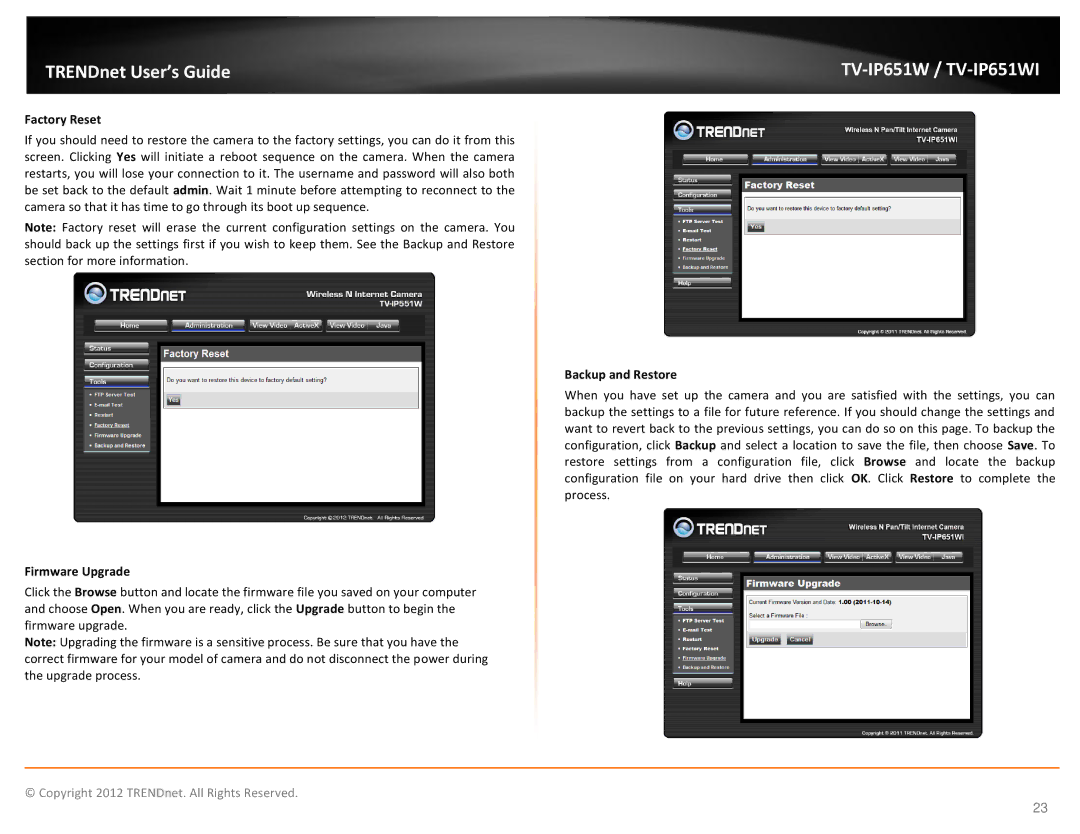 TRENDnet TVIP651W manual Factory Reset, Firmware Upgrade, Backup and Restore 