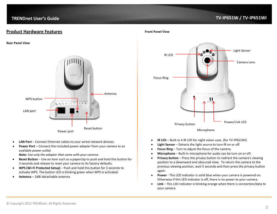 TRENDnet TVIP651W manual Product Hardware Features, Rear Panel View, Front Panel View 