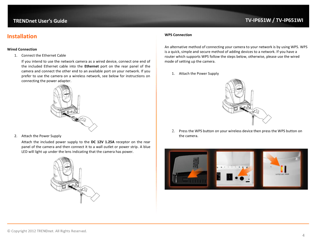 TRENDnet TVIP651W manual Installation, Wired Connection, WPS Connection 