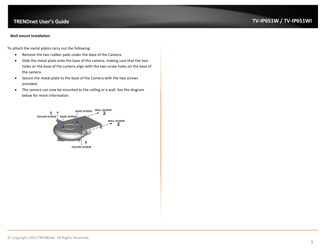 TRENDnet TVIP651W manual Wall mount installation 