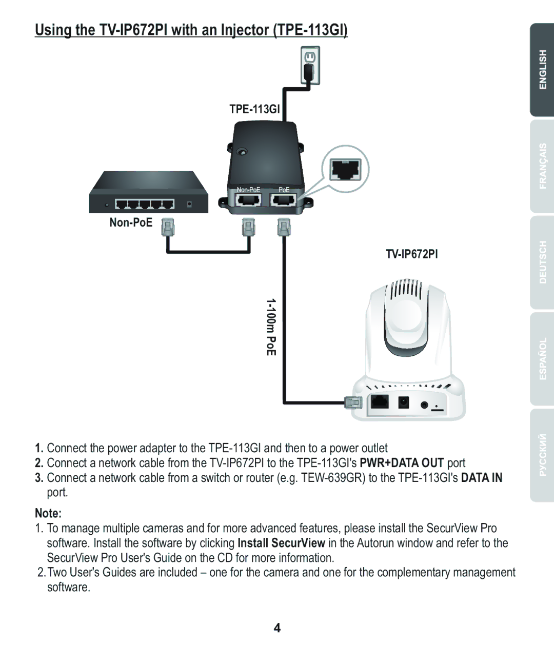 TRENDnet TVIP672PI manual Using the TV-IP672PI with an Injector TPE-113GI 