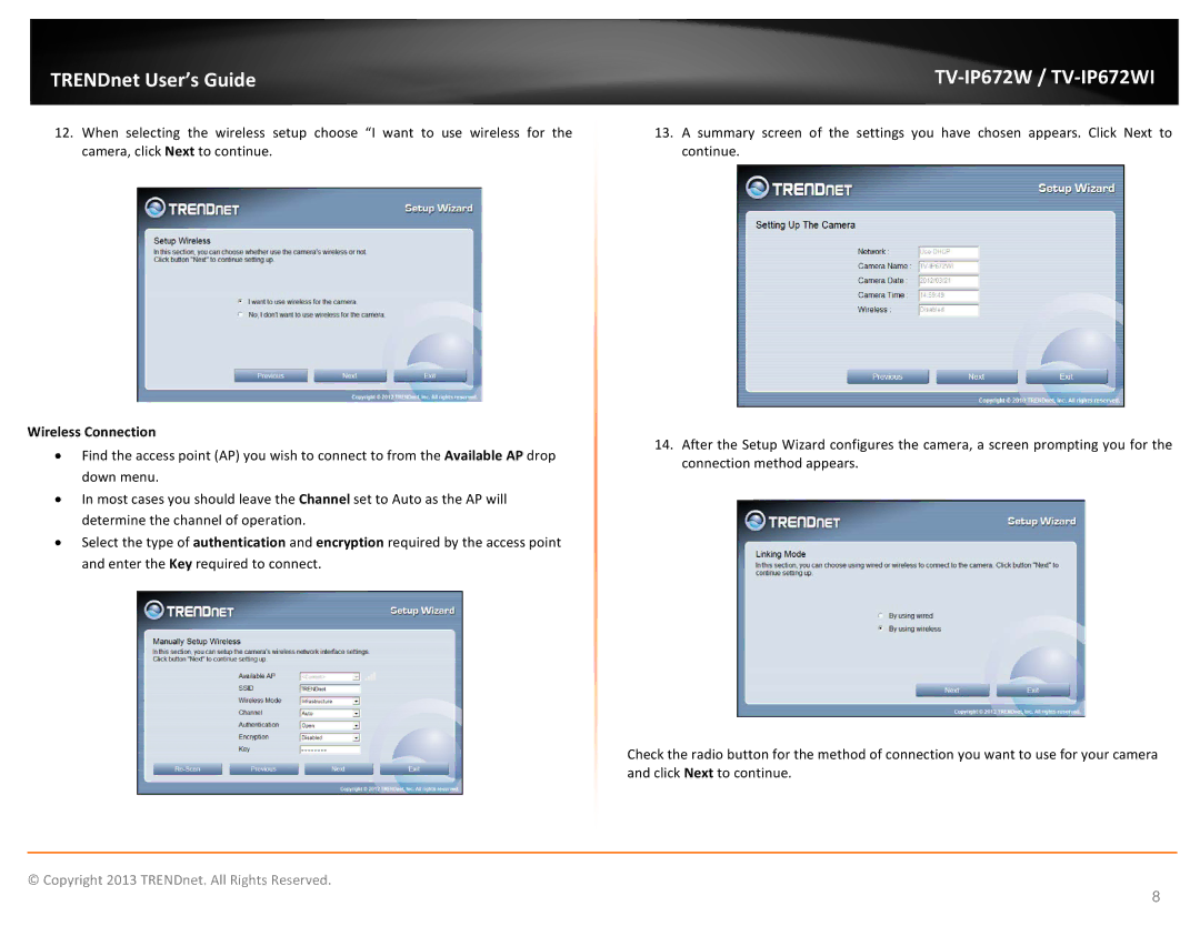 TRENDnet TVIP672WI, KXTG7872S manual Wireless Connection 