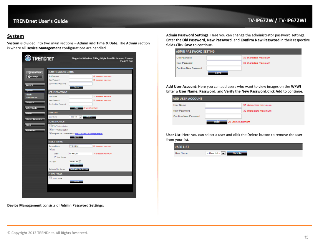 TRENDnet KXTG7872S, TVIP672WI manual System, Device Management consists of Admin Password Settings 