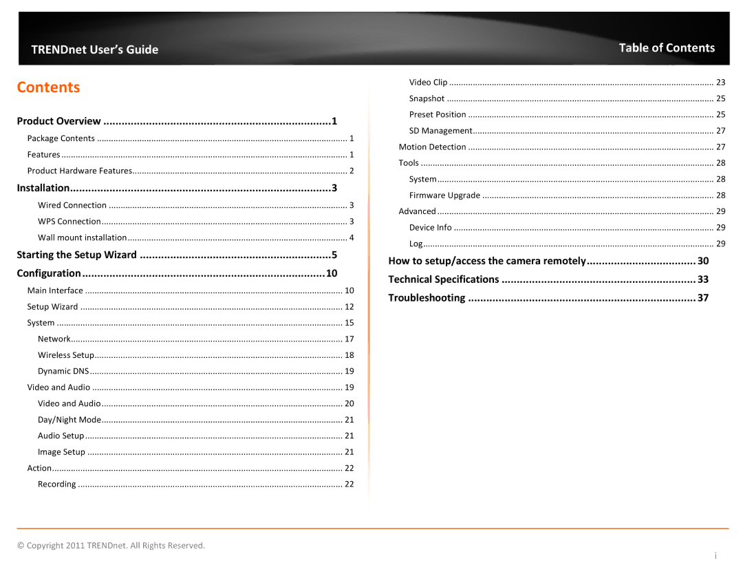 TRENDnet TVIP672WI, KXTG7872S manual Contents 