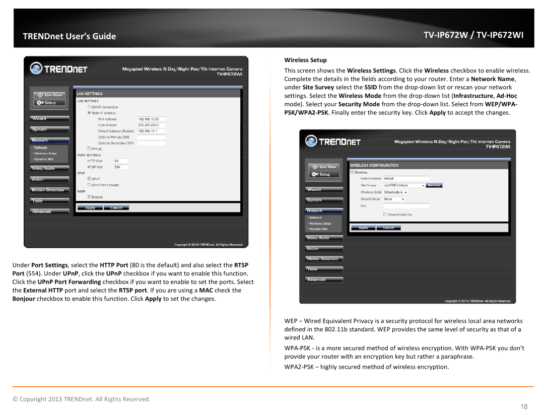 TRENDnet TVIP672WI, KXTG7872S manual Wireless Setup 