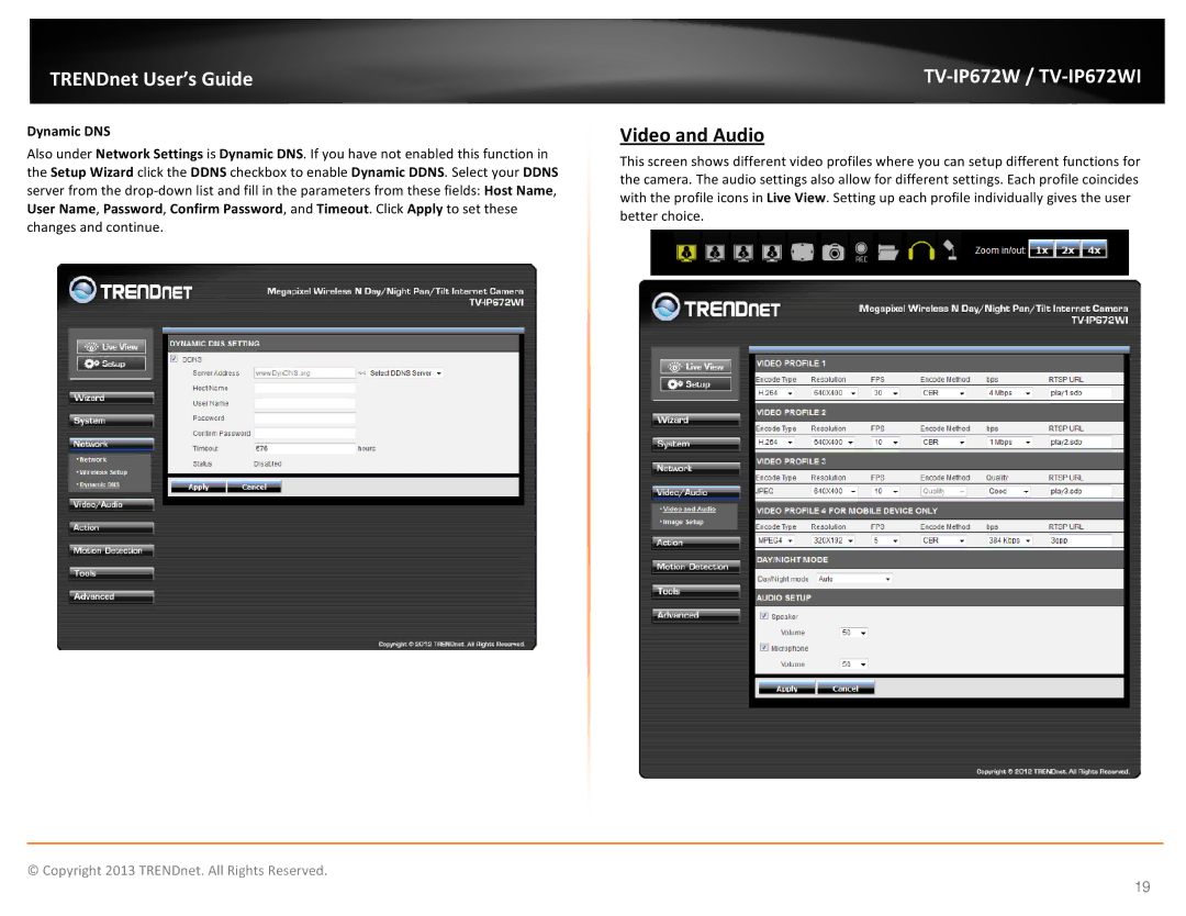 TRENDnet KXTG7872S, TVIP672WI manual Video and Audio, Dynamic DNS 