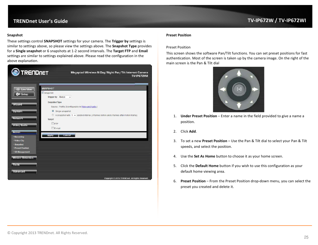 TRENDnet KXTG7872S, TVIP672WI manual Snapshot, Preset Position 