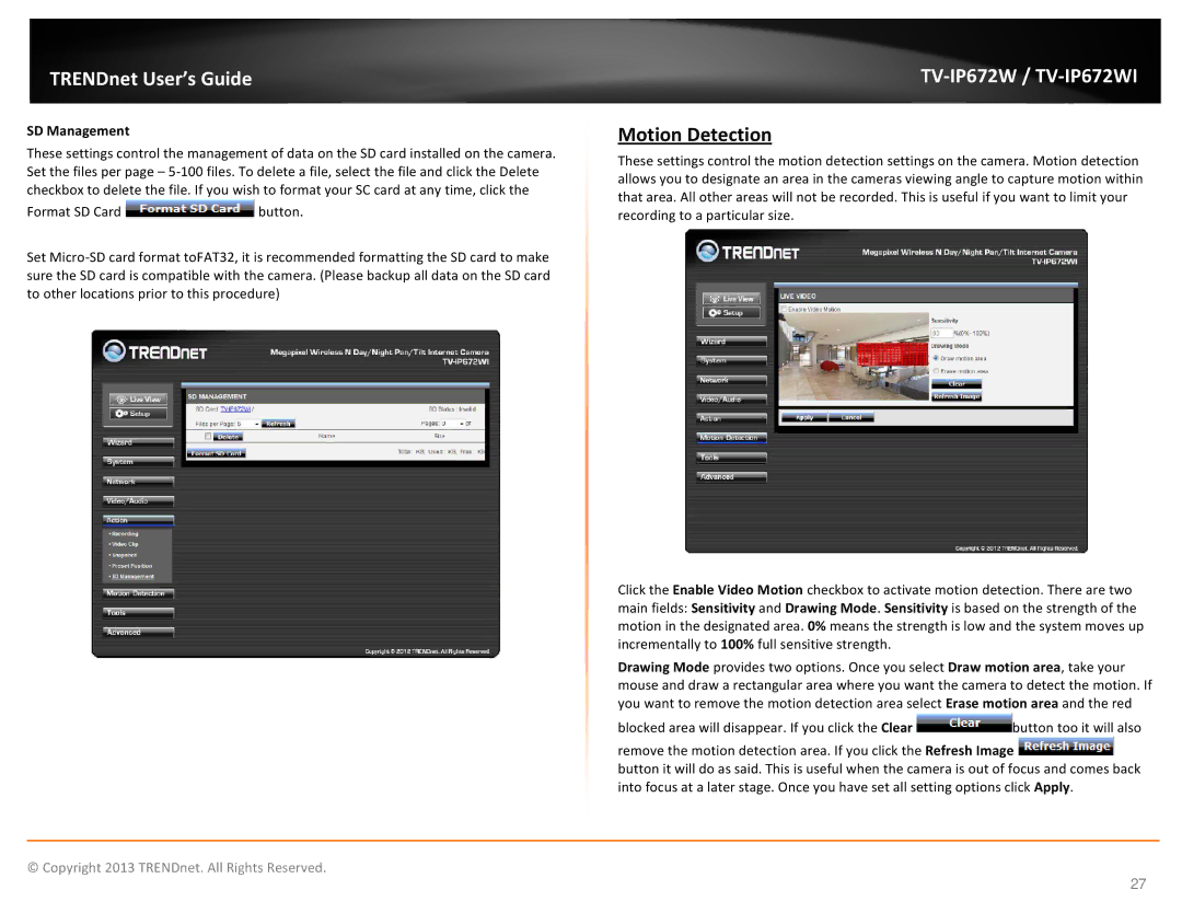 TRENDnet KXTG7872S, TVIP672WI manual Motion Detection, SD Management 