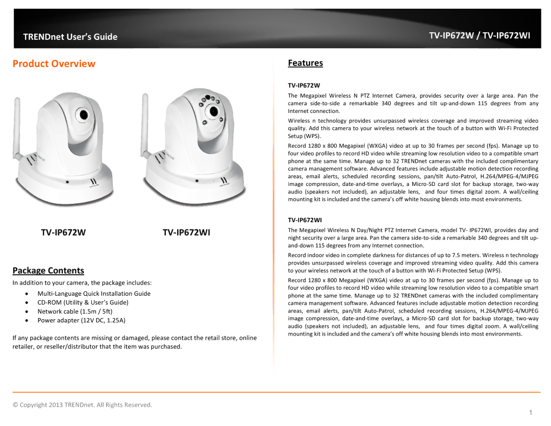 TRENDnet KXTG7872S, TVIP672WI manual Product Overview, Package Contents, Features 