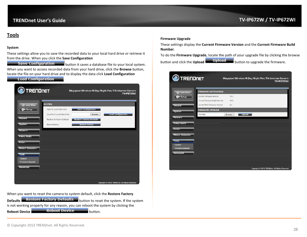 TRENDnet TVIP672WI, KXTG7872S manual Tools, System, Reboot Device button 