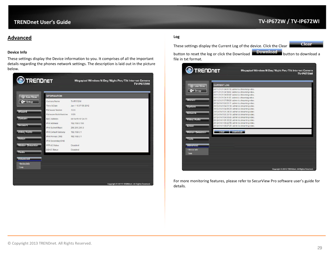 TRENDnet KXTG7872S, TVIP672WI manual Advanced, Device Info, Log 