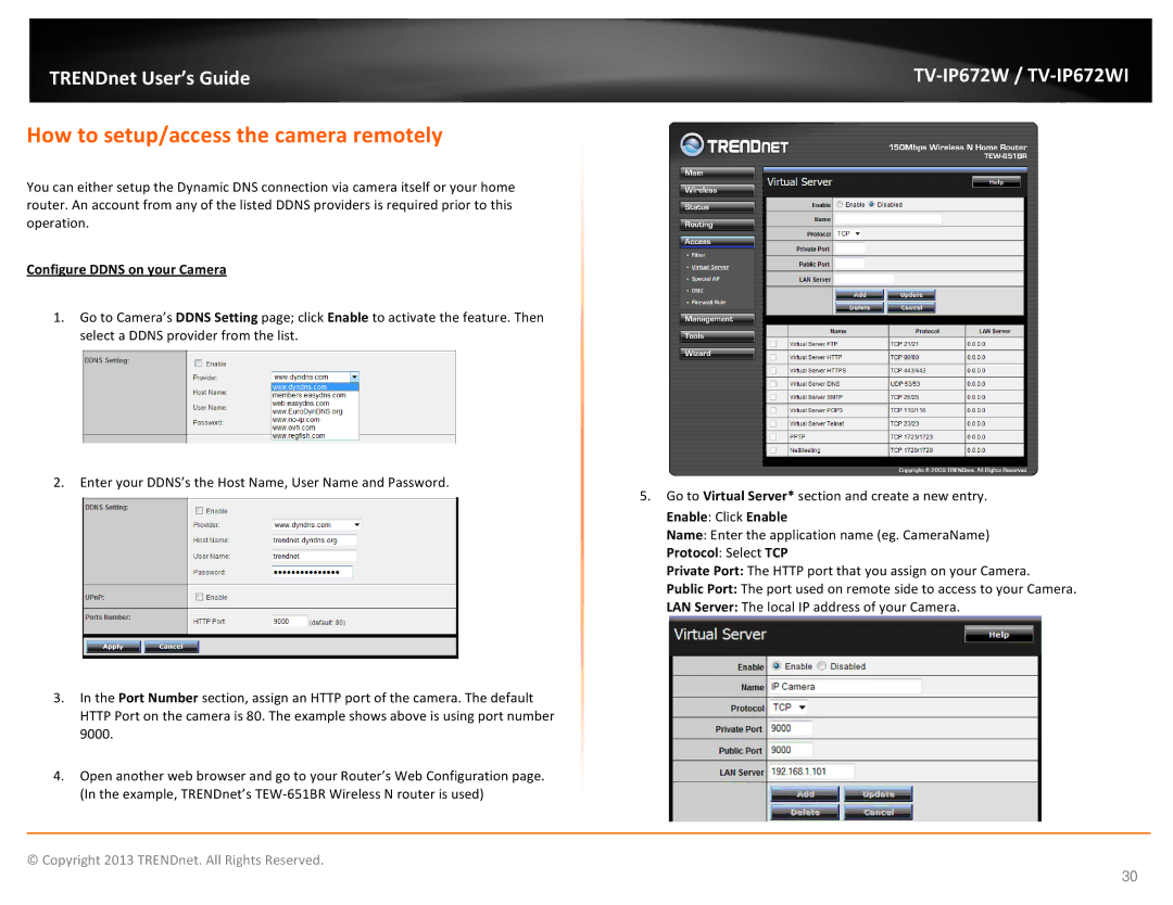 TRENDnet TVIP672WI, KXTG7872S How to setup/access the camera remotely, Configure Ddns on your Camera, Enable Click Enable 