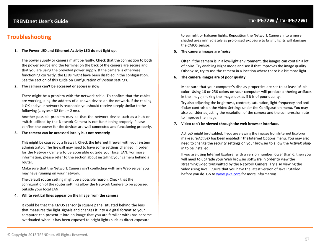 TRENDnet KXTG7872S, TVIP672WI manual Troubleshooting 