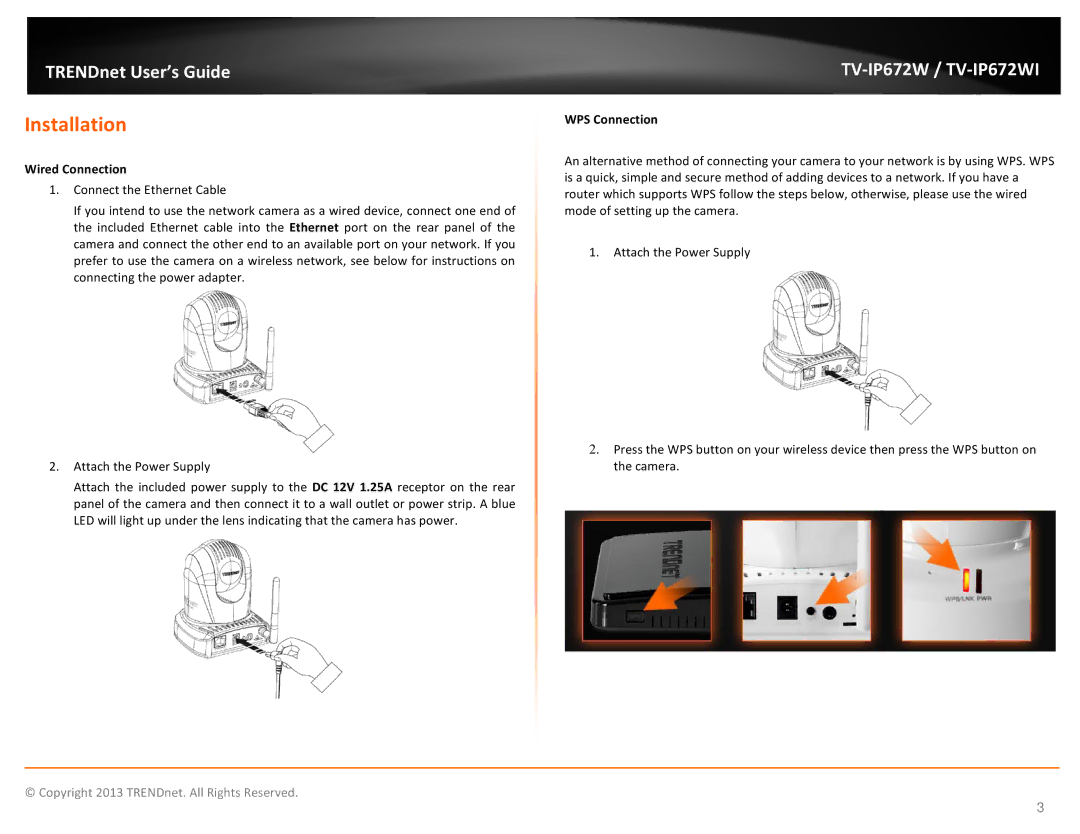 TRENDnet KXTG7872S, TVIP672WI manual Installation, Wired Connection, WPS Connection 