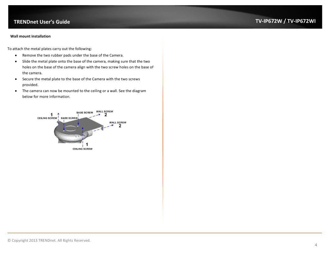 TRENDnet TVIP672WI, KXTG7872S manual TV-IP672W / TV-IP672WI, Wall mount installation 