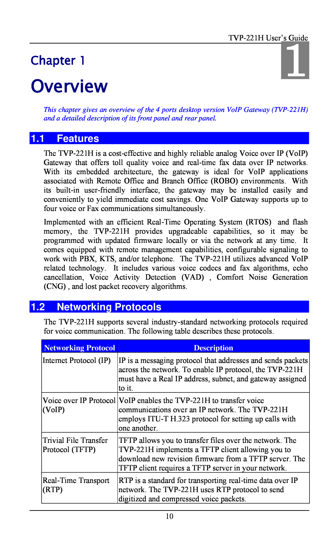 TRENDnet TVP- 221H, VoIP Gateway manual Overview, Chapter, Features, Networking Protocols, Description 