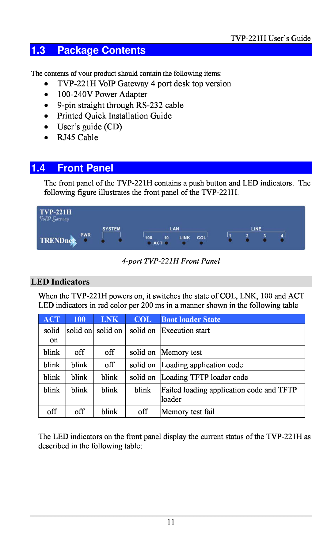 TRENDnet VoIP Gateway, TVP- 221H manual Package Contents, LED Indicators, port TVP-221H Front Panel, Boot loader State 