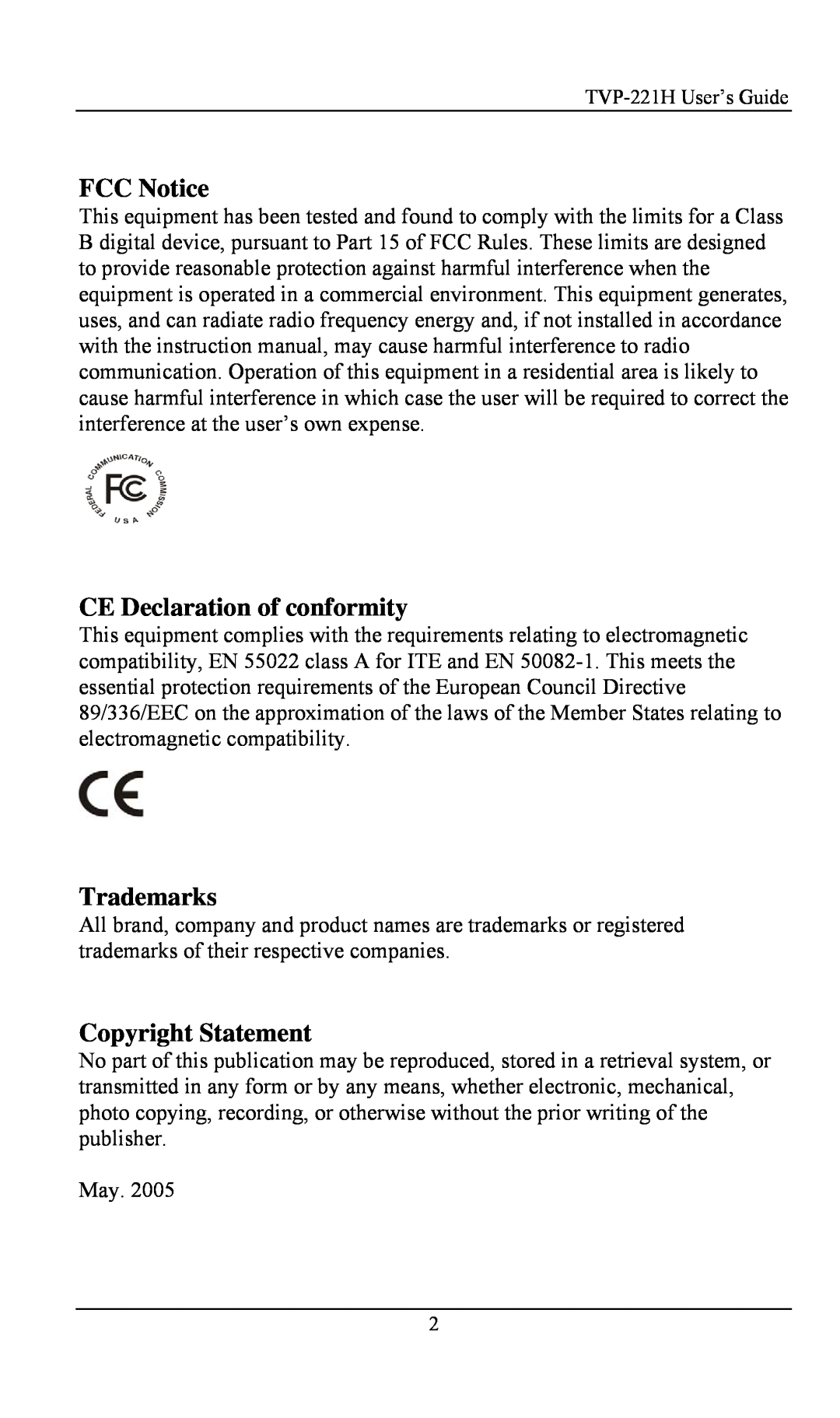 TRENDnet TVP- 221H, VoIP Gateway manual FCC Notice, CE Declaration of conformity, Trademarks, Copyright Statement 