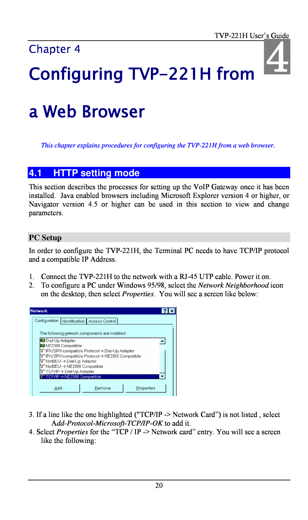 TRENDnet TVP- 221H, VoIP Gateway manual Configuring TVP-221H from a Web Browser, HTTP setting mode, PC Setup, Chapter 