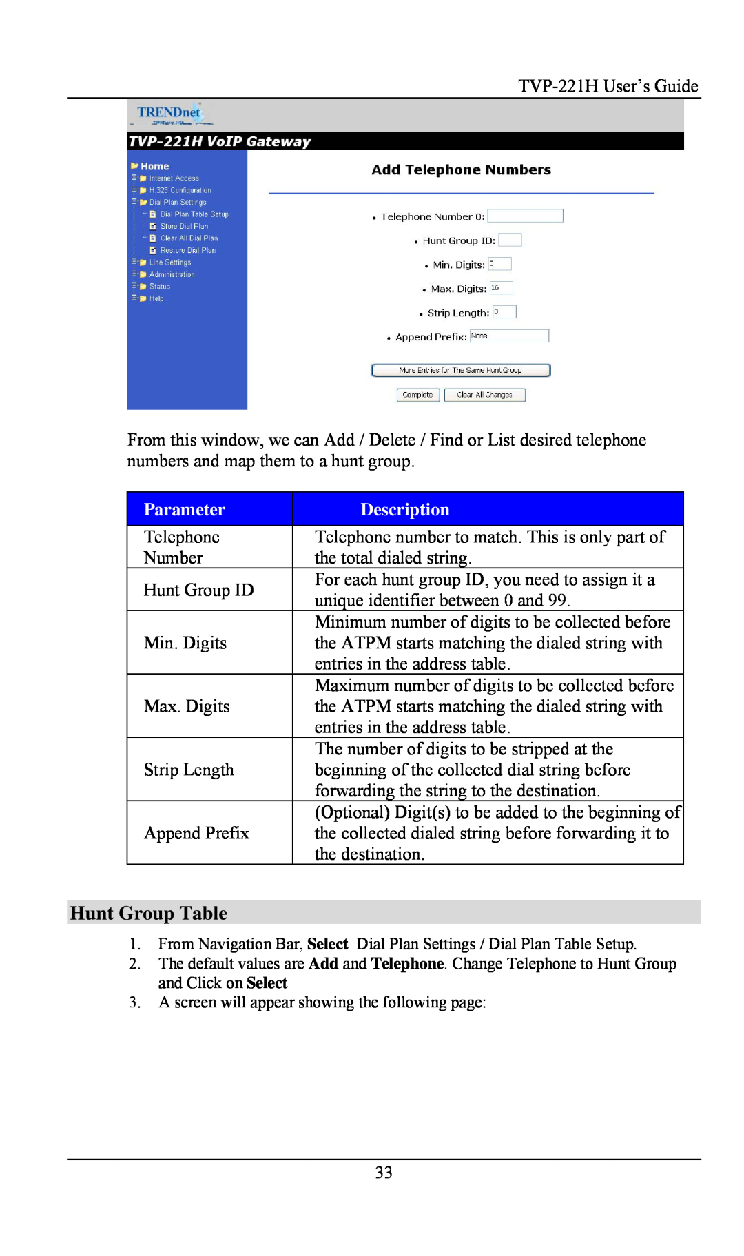 TRENDnet VoIP Gateway, TVP- 221H manual Hunt Group Table, Parameter, Description 